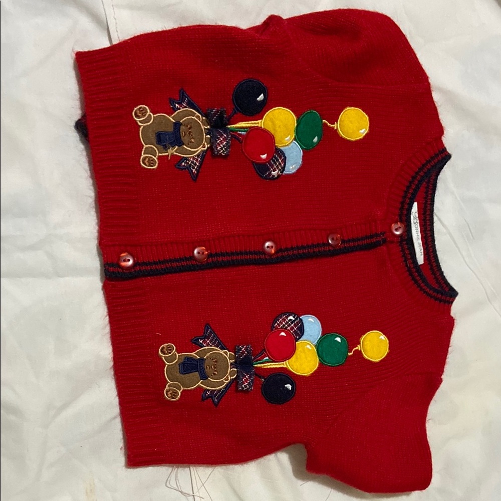 Bonnie Jean Red and Yellow Knit Sweater with Teddy Bear Design